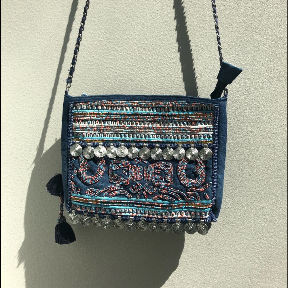 Beaded Denim Crossbody Bag
